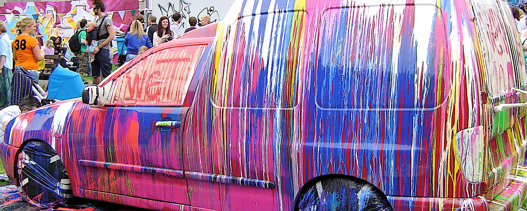 Van decorated in multicoloured paint work