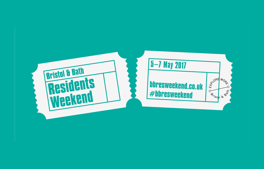 Bristol and Bath - Residents Weekend graphic to traditional printed tickets. White on turquoise background.