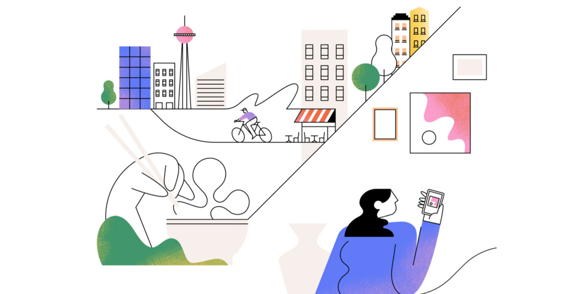 Graphic illustration of cityscape and figure to foreground. Part of brand refresh.